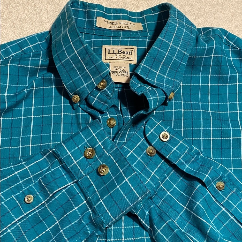 L.L. Bean Teal Turquoise Plaid Shirt Tall Casual Preppy Button Down Long Sleeved